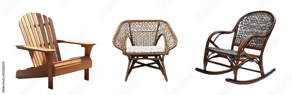 Three Chairs Composition Adirondack, Wicker, Rocking Chair, Isolated on White Background, Wooden, Rattan Three Chairs Composition Adirondack, Wicker, Rocking Chair, Isolated on White Background, Wooden, Rattan