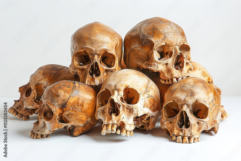 Close-up of a pile of human skulls on a white backdrop from the side. Generative Ai Close-up of a pile of human skulls on a white backdrop from the side. Generative Ai