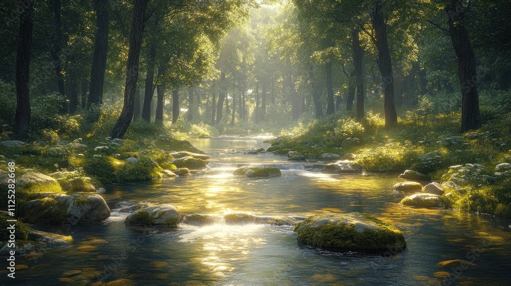 Here's a and keyword list suitable for stock photo submission.. Sunlit stream flows through a tranquil forest, dappled sunlight on water and mossy rocks. Here's a and keyword list suitable for stock photo submission.. Sunlit stream flows through a tranquil forest, dappled sunlight on water and mossy rocks.