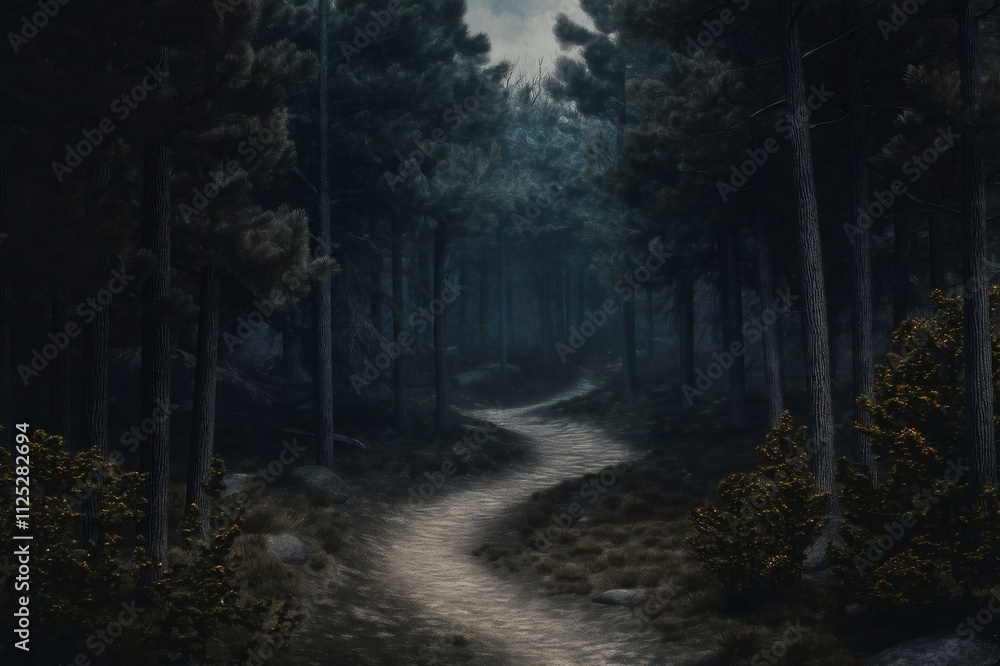Obraz premium Pathway winding through a mysterious forest with tall pine trees at twilight, creating a serene and moody atmosphere