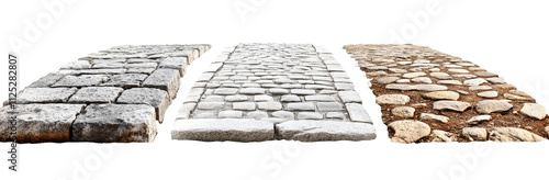 Perspective View of Three Stone Road Sections Cobblestone, Rough-Hewn, and Gravel Paths, Isolated on White Background, 3D Render, Stone Texture, Paving photo