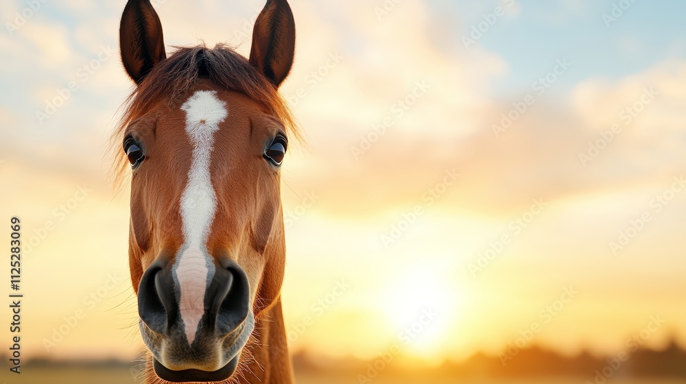 Fototapeta premium A brown horse with a white spot on its face looking at the camera