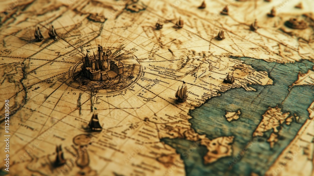 Antique map; miniature ships, castle, aged paper. Antique map; miniature ships, castle, aged paper.