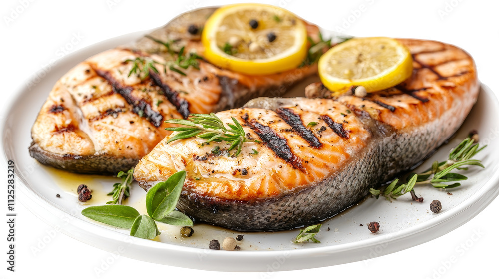 High-Angle Close-up of Grilled Salmon Steaks with Lemon and Herbs, Isolated on White Background, Salmon Recipe, Food Photography, Delicious Dish High-Angle Close-up of Grilled Salmon Steaks with Lemon and Herbs, Isolated on White Background, Salmon Recipe, Food Photography, Delicious Dish