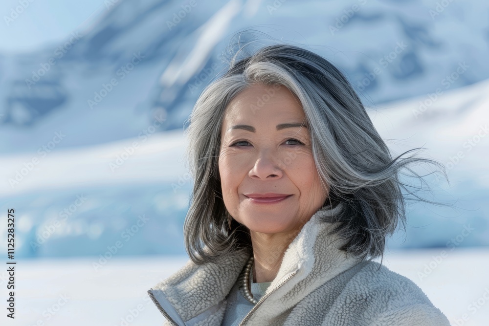 Portrait of a content asian woman in her 50s wearing a thermal fleece pullover on pristine snowy mountain Portrait of a content asian woman in her 50s wearing a thermal fleece pullover on pristine snowy mountain