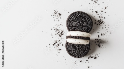 Two chocolate sandwich cookies with cream filling