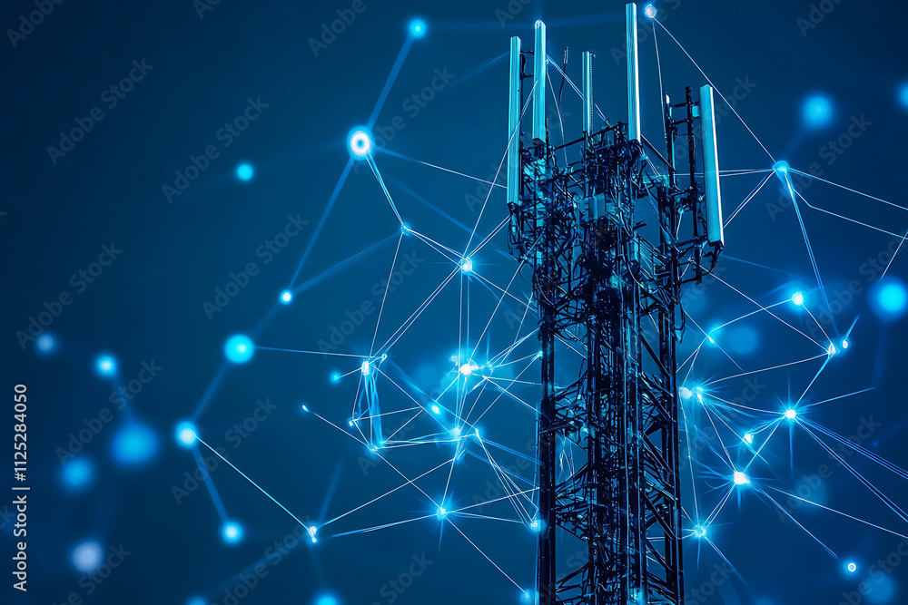 An abstract digital background featuring a 6G tower, highlighted by connecting data points in blue and black colors
An abstract digital background featuring a 6G tower, highlighted by connecting data points in blue and black colors