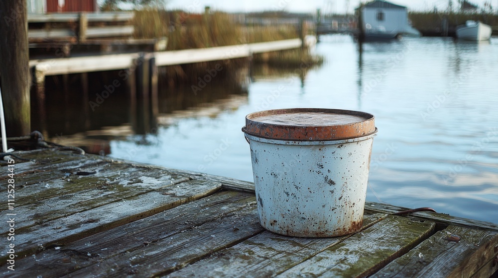 Live bait bucket on a dock fishing location still life waterfront close-up outdoor adventure