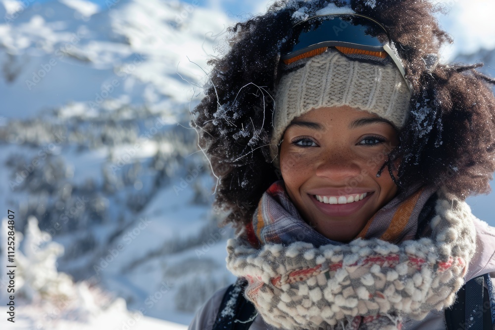 Portrait of a grinning afro-american woman in her 20s dressed in a warm ski hat isolated on pristine snowy mountain Portrait of a grinning afro-american woman in her 20s dressed in a warm ski hat isolated on pristine snowy mountain