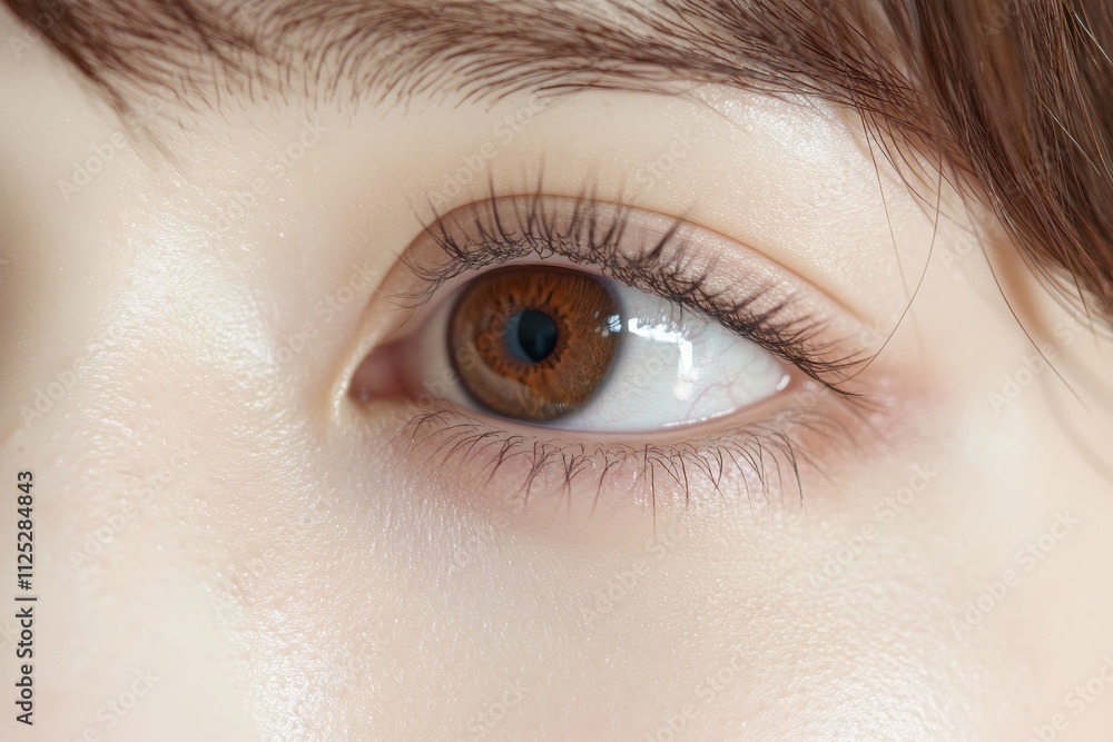 Obraz premium Stunning close-up of a Japanese woman: striking brown eyes, delicate skin, and a unique mole against a minimalist backdrop