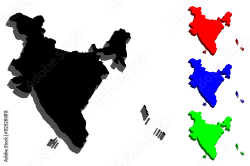 3D map of India (Republic of India) -  black, red, blue and green - vector illustration