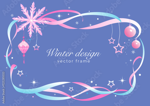 Winter boarder with ribbons and decorations, vector frame background. Design template for Merry Christmas and New Year postcard, posters, polygraphy