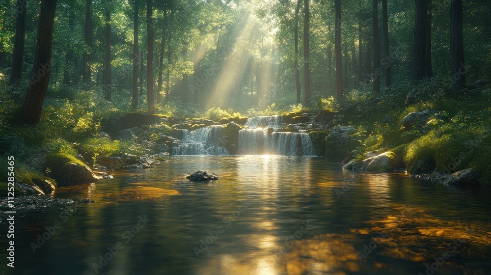 Sunbeams illuminate a serene forest waterfall cascading into a calm stream. Sunbeams illuminate a serene forest waterfall cascading into a calm stream.