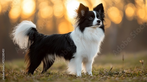 A black and white dog standing in the grass