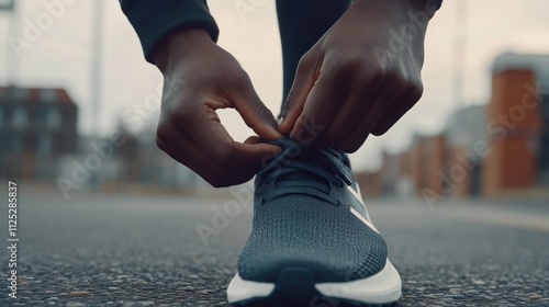 Person tying shoelaces on running shoe outdoors