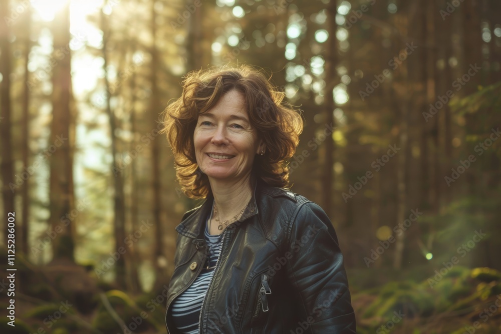 Portrait of a happy woman in her 50s sporting a classic leather jacket in backdrop of a mystical forest Portrait of a happy woman in her 50s sporting a classic leather jacket in backdrop of a mystical forest