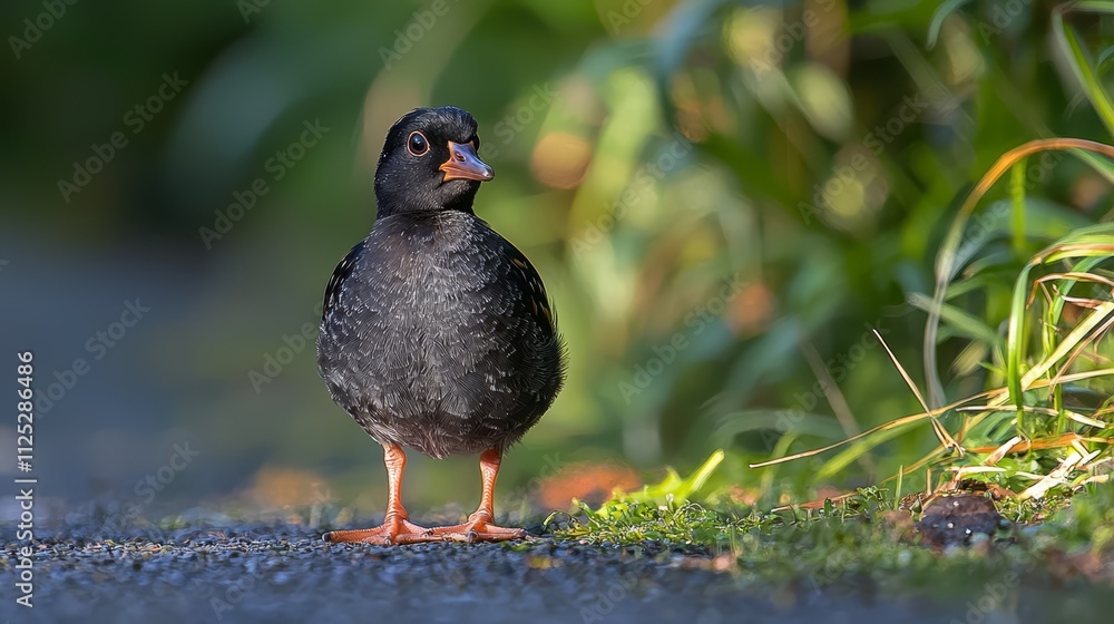 A small black bird standing on the side of a road A small black bird standing on the side of a road