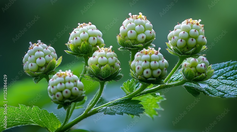 A bunch of white flowers on a plant with green leaves A bunch of white flowers on a plant with green leaves