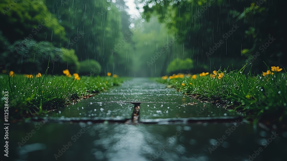 Fototapeta premium A wet path in the middle of a grassy field with yellow flowers