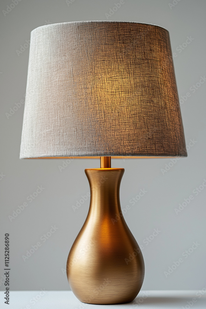 Photographie studio d'une lampe à poser moderne avec base en laiton épuré et abat-jour en tissu, design minimaliste sur fond blanc Photographie studio d'une lampe à poser moderne avec base en laiton épuré et abat-jour en tissu, design minimaliste sur fond blanc