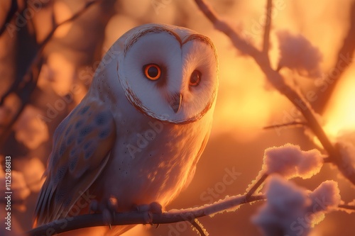 Majestic barn owl perched on a snow dusted branch, bathed in the warm glow of a winter sunset photo