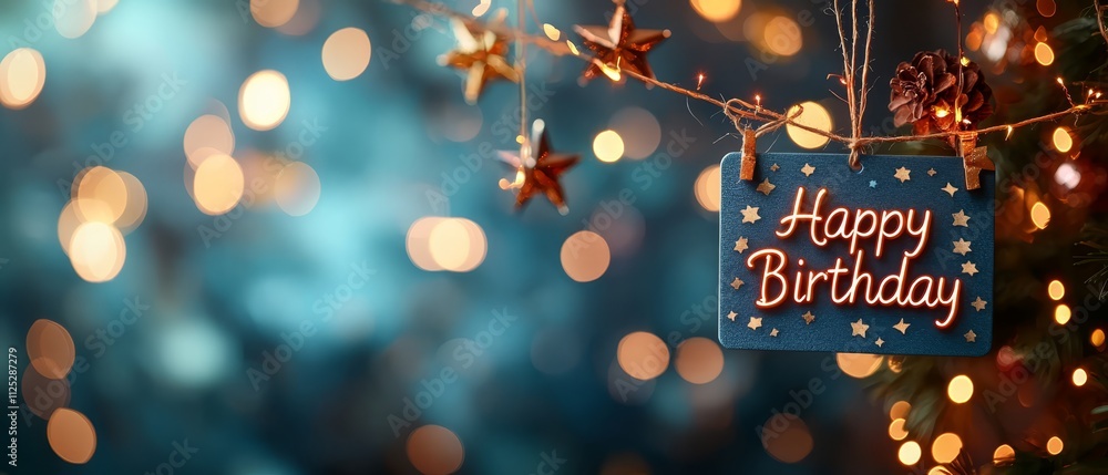 Naklejka premium A happy birthday sign hanging from a christmas tree