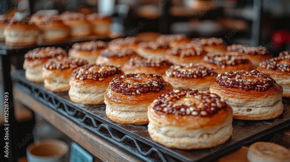 Rows of freshly baked pastries sit on a rustic wooden rack in a quaint bakery. The golden-brown treats are topped with shiny glaze and sprinkled with nuts, enticing passersby. Rows of freshly baked pastries sit on a rustic wooden rack in a quaint bakery. The golden-brown treats are topped with shiny glaze and sprinkled with nuts, enticing passersby.