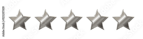 Isolated 5 shiny silver, brass star with metallic effect. Five elements for medals, awards, rating designation, hotels status on a transparent background, customer feedback, review. Vector EPS10