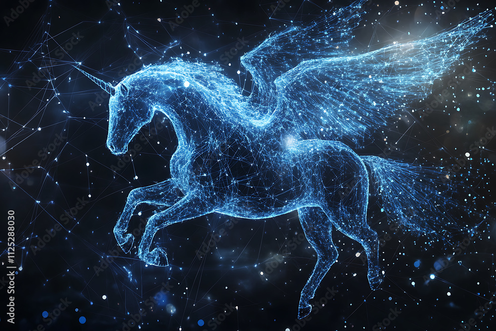 An abstract digital background featuring a pegasus , highlighted by connecting data points in blue and black colors
An abstract digital background featuring a pegasus , highlighted by connecting data points in blue and black colors