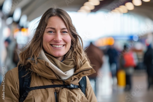 Wallpaper Mural Portrait of a grinning woman in her 30s wearing a windproof softshell on bustling airport terminal background Torontodigital.ca