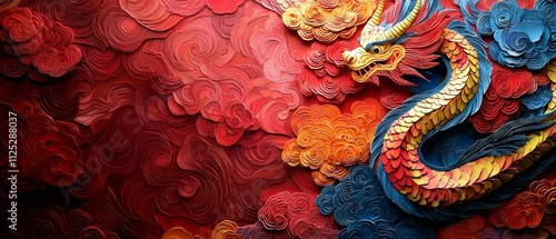 A colorful dragon on a red and blue background