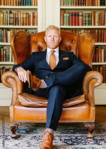 Man in Elegant Suit Seated in Vintage Library photo