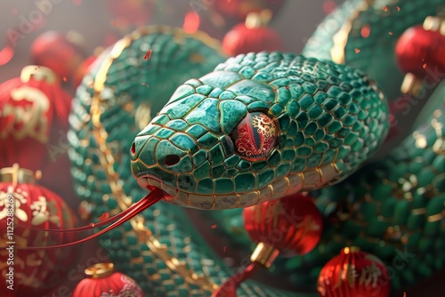 Green snake celebrating chinese new year with red lanterns and gold decor in japanese style photo