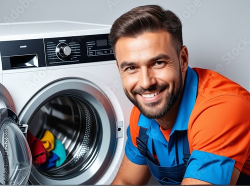 Laundry professional repairman while working with washing machine in a bright, modern laundry room photo