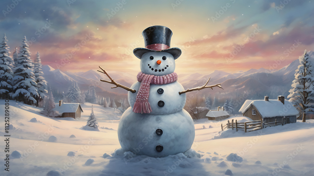 Fototapeta premium Cheerful snowman in snowy mountain village at sunset. (1)