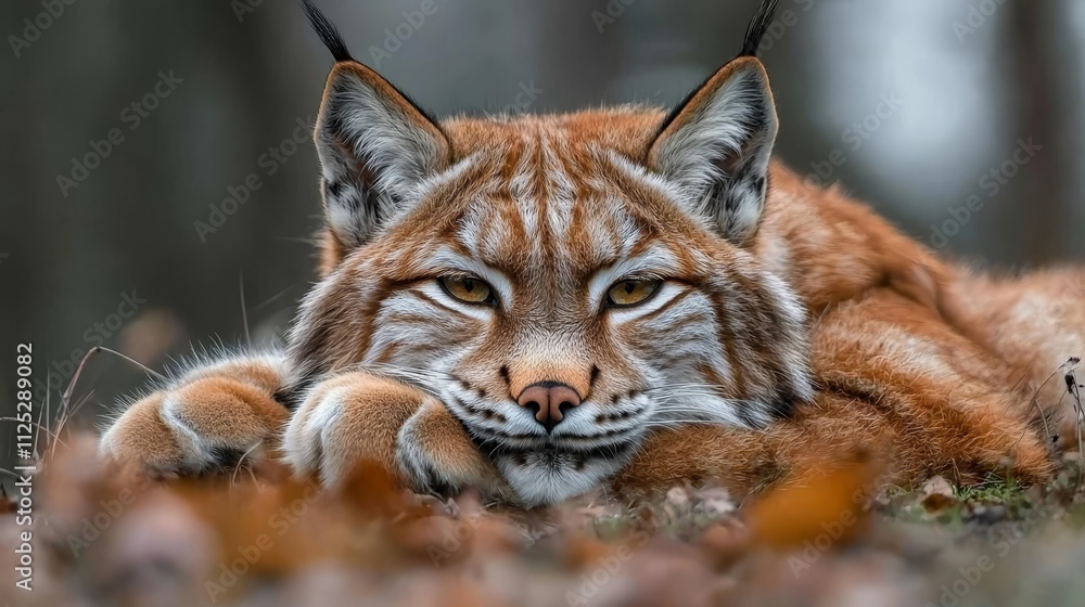 Fototapeta premium A lynx laying down in the woods looking at the camera