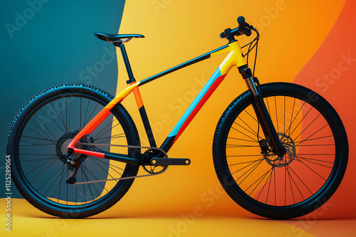 Modern, colorful mountain bicycle showcasing a customizable frame design, set against a vibrant teal and orange backdrop photo