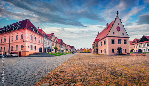 Exciting autumn view of empty street of Bardejov city with Town Hall. Attractive autumn cityscape of Bardejov town, Slovakia, Europe. Traveling concept background. photo