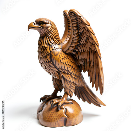 Detailed wood sculpture of a majestic eagle with intricate feather patterns, photography of sculpture concept. photo