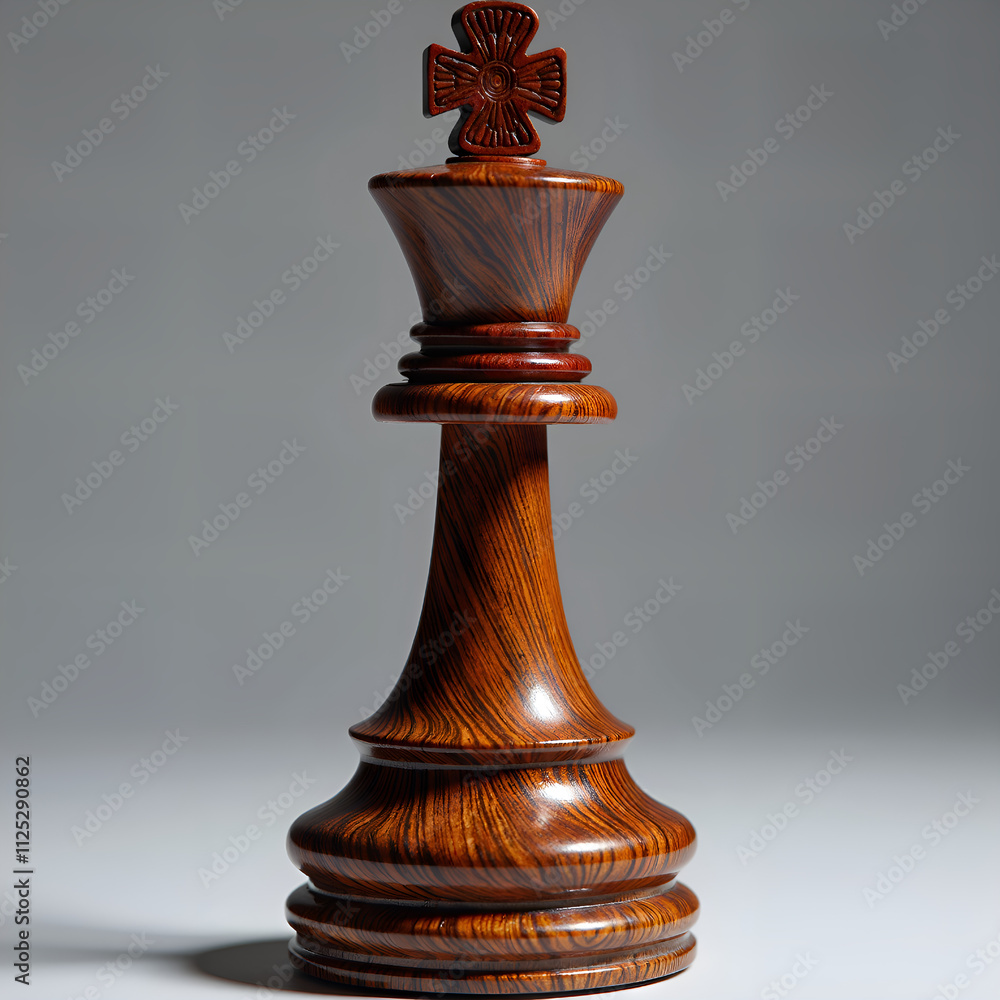 Intricately carved wooden king chess piece against soft gray background, photography of still life concept. Intricately carved wooden king chess piece against soft gray background, photography of still life concept.