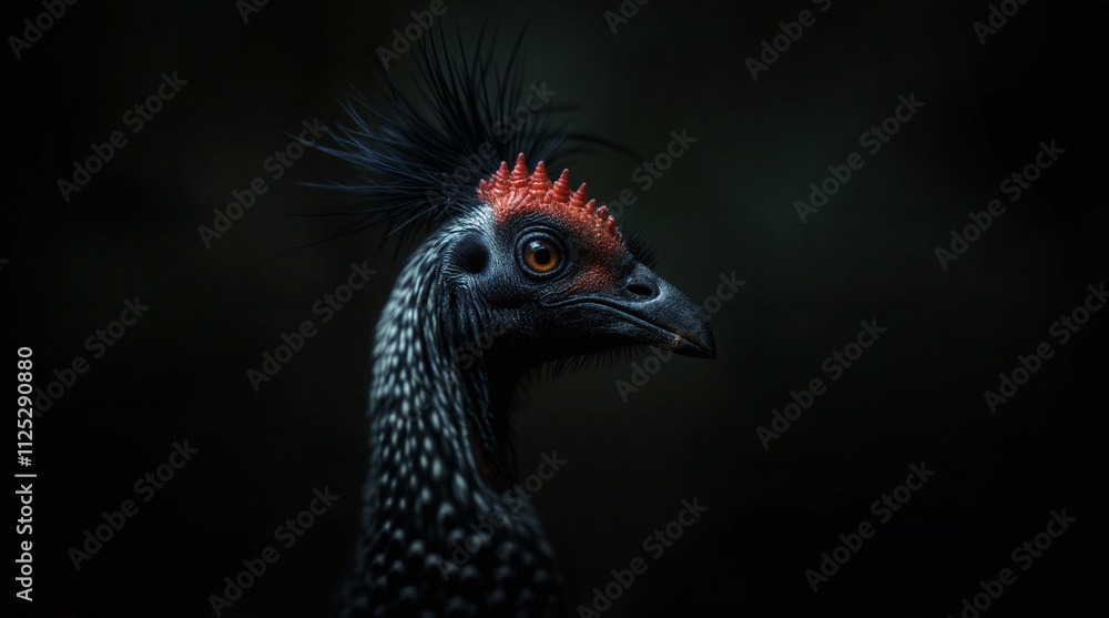 Dramatic Close-up Portrait of Crested Guineafowl with Distinctive Blue Plumage and Red Crown Against Dark Background, Exotic Bird Photography Dramatic Close-up Portrait of Crested Guineafowl with Distinctive Blue Plumage and Red Crown Against Dark Background, Exotic Bird Photography