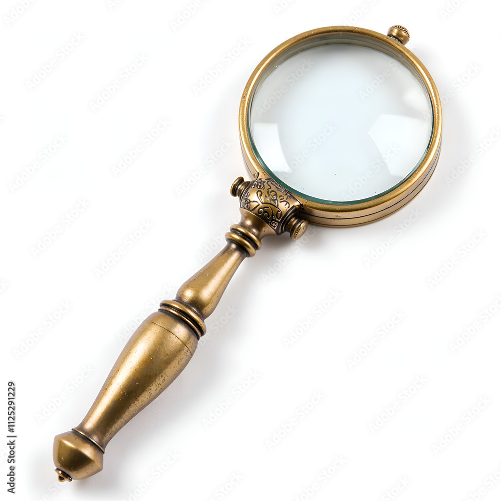 Antique magnifying glass with intricate handle on white background, photography of still life concept.