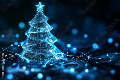 An abstract digital background featuring a A creative Christmas tree made entirely of dollar bills, highlighted by connecting data points in blue and black colors


