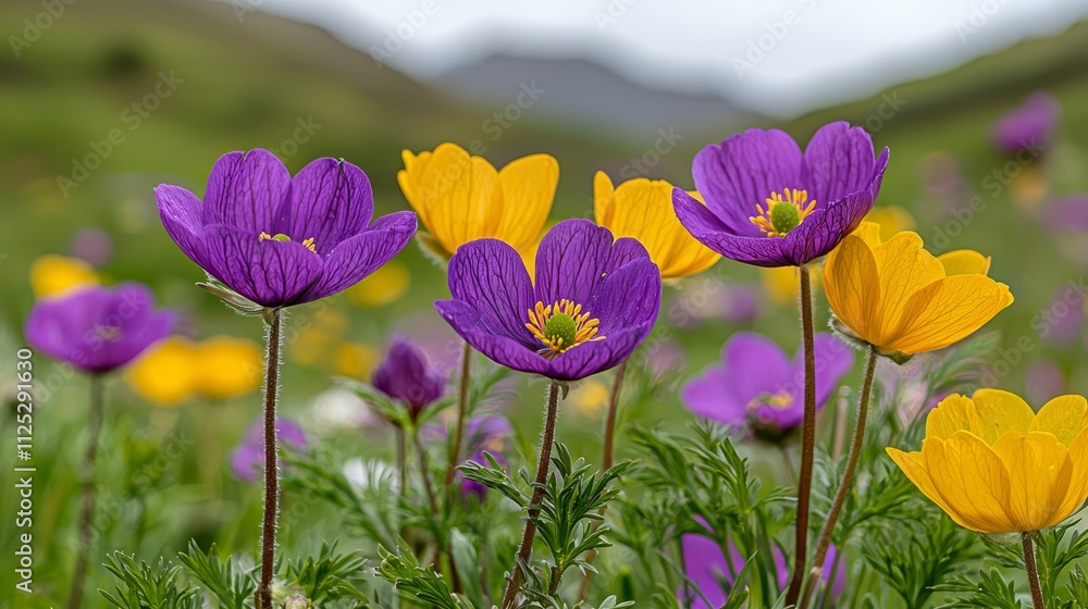 Fototapeta premium A field of purple and yellow flowers with mountains in the background
