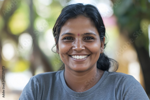 Joyful woman smiles while enjoying nature outdoors