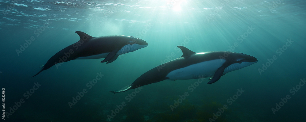 Fototapeta premium Dolphins swimming gracefully in clear ocean waters