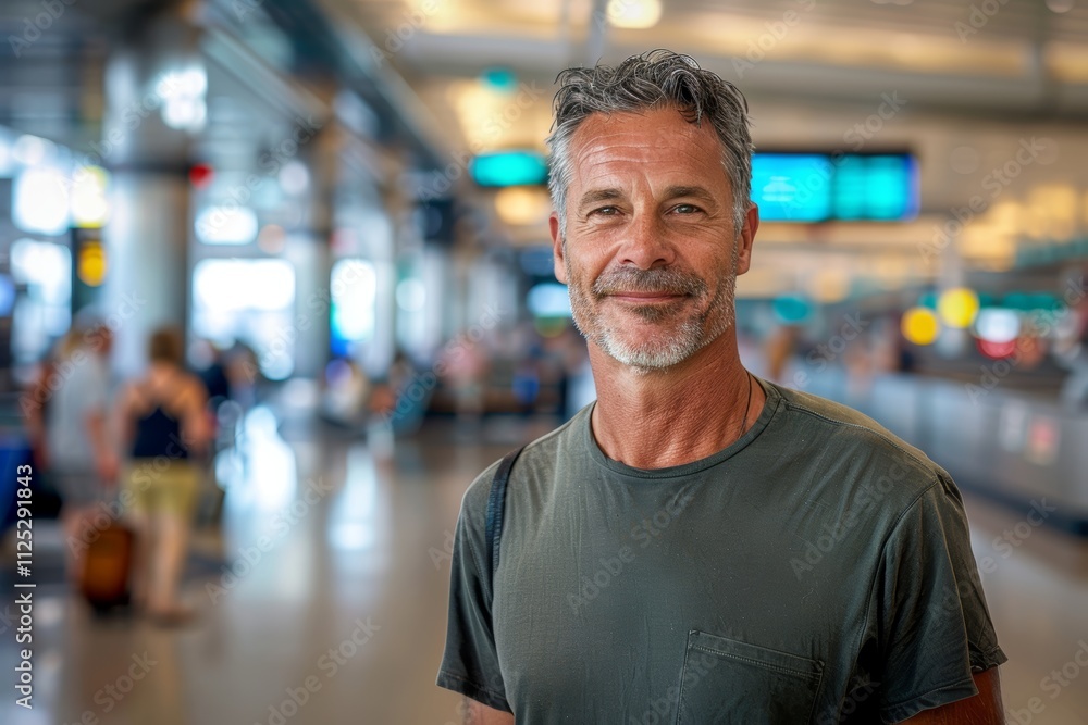 Portrait of a blissful man in his 40s dressed in a casual t-shirt in front of bustling airport terminal Portrait of a blissful man in his 40s dressed in a casual t-shirt in front of bustling airport terminal