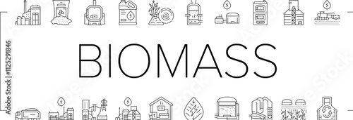 biomass energy plant power icons set vector. green gas, solar electric, wind generator, nuclear industry, factory bio biogas wood biomass energy plant power black contour illustrations