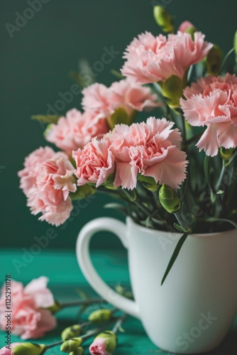 Pink Carnation Flowers in White Mug on Green Background with Copy Space