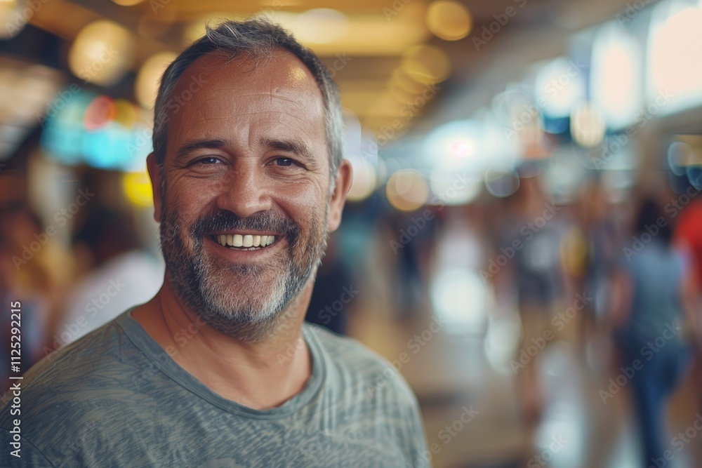 Portrait of a blissful man in his 40s dressed in a casual t-shirt while standing against bustling airport terminal Portrait of a blissful man in his 40s dressed in a casual t-shirt while standing against bustling airport terminal